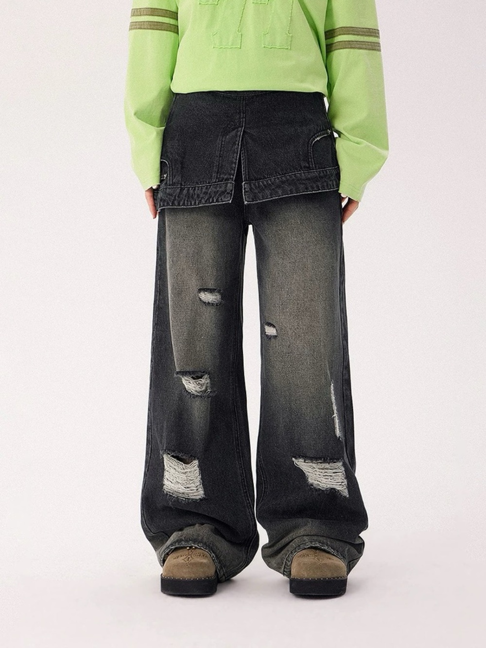 Authentic Korean brand Boyfriend Wide-Leg Distressed Jeans - Black Wash